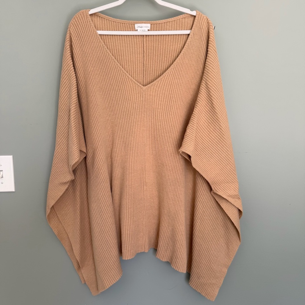 Lovers + Friends "Weekend Breeze' V-Neck Tan Ribbed Oversized Poncho Sweater